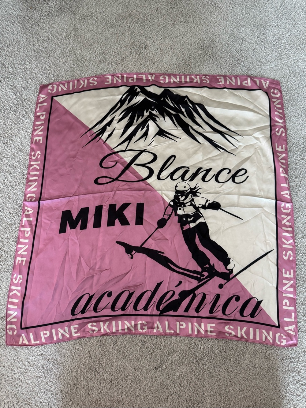 Vintage Miki Blance Academica Pink & Cream Ski-Themed Square Scarf